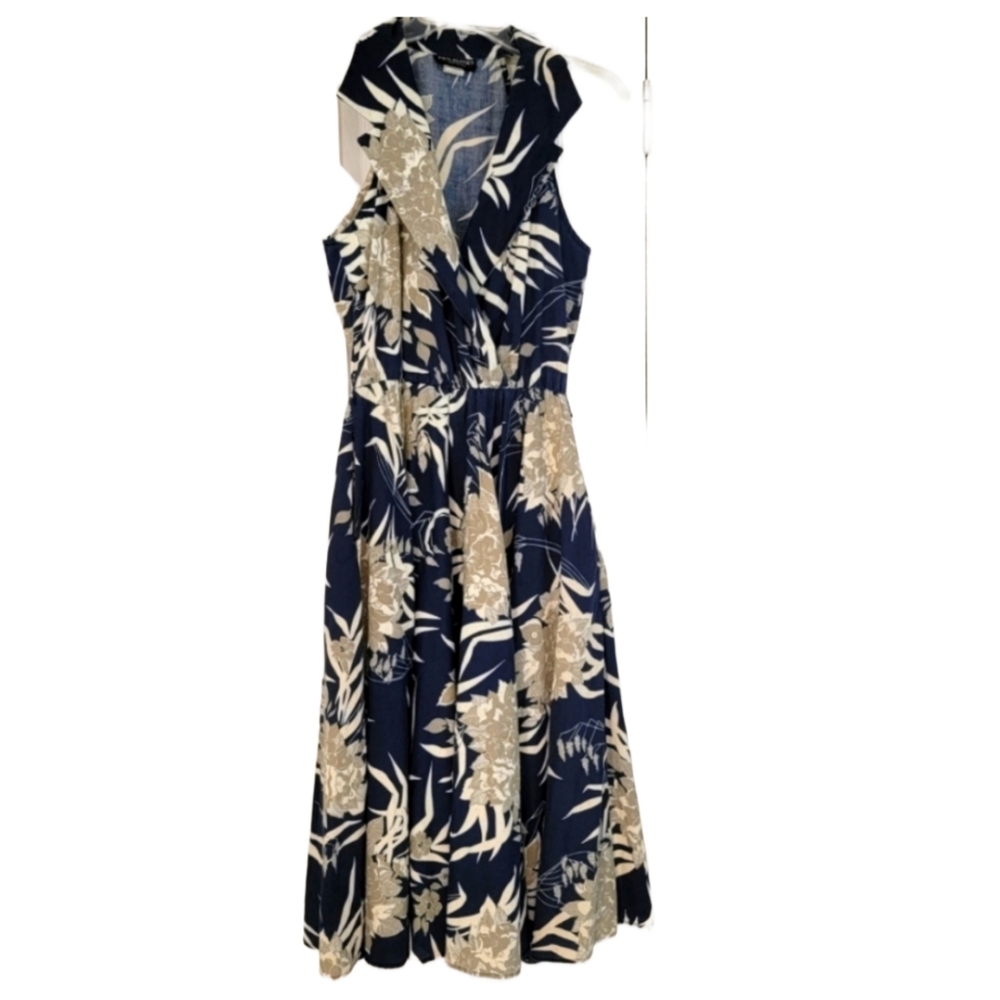 Vintage Racer Back Navy Hawaiian Floral Print Dress Size 10